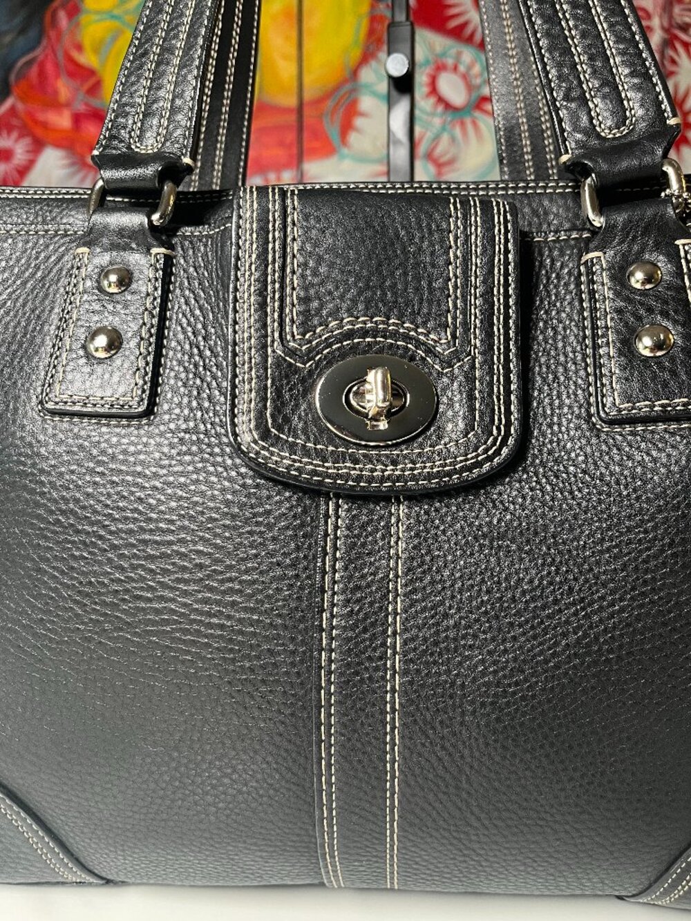 Coach Black Pebbled Leather Turnlock Tote Carryall F16960 EUC - Picture 2 of 16